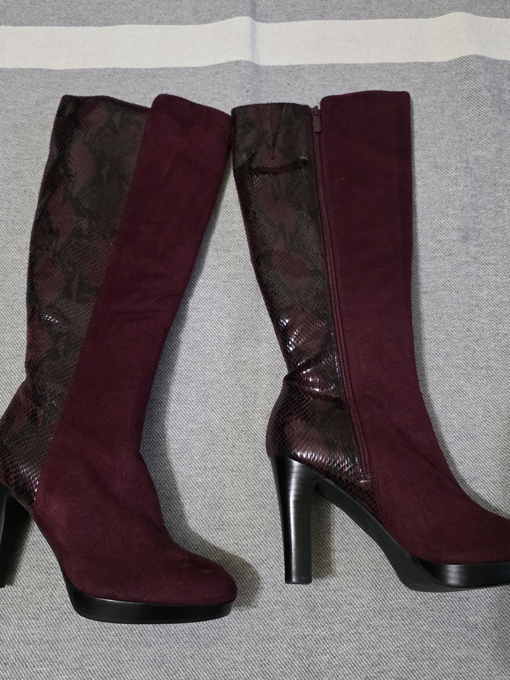 Women's Burgundy Faux Suede Snake Skin Knee-High Platform Heeled Boots